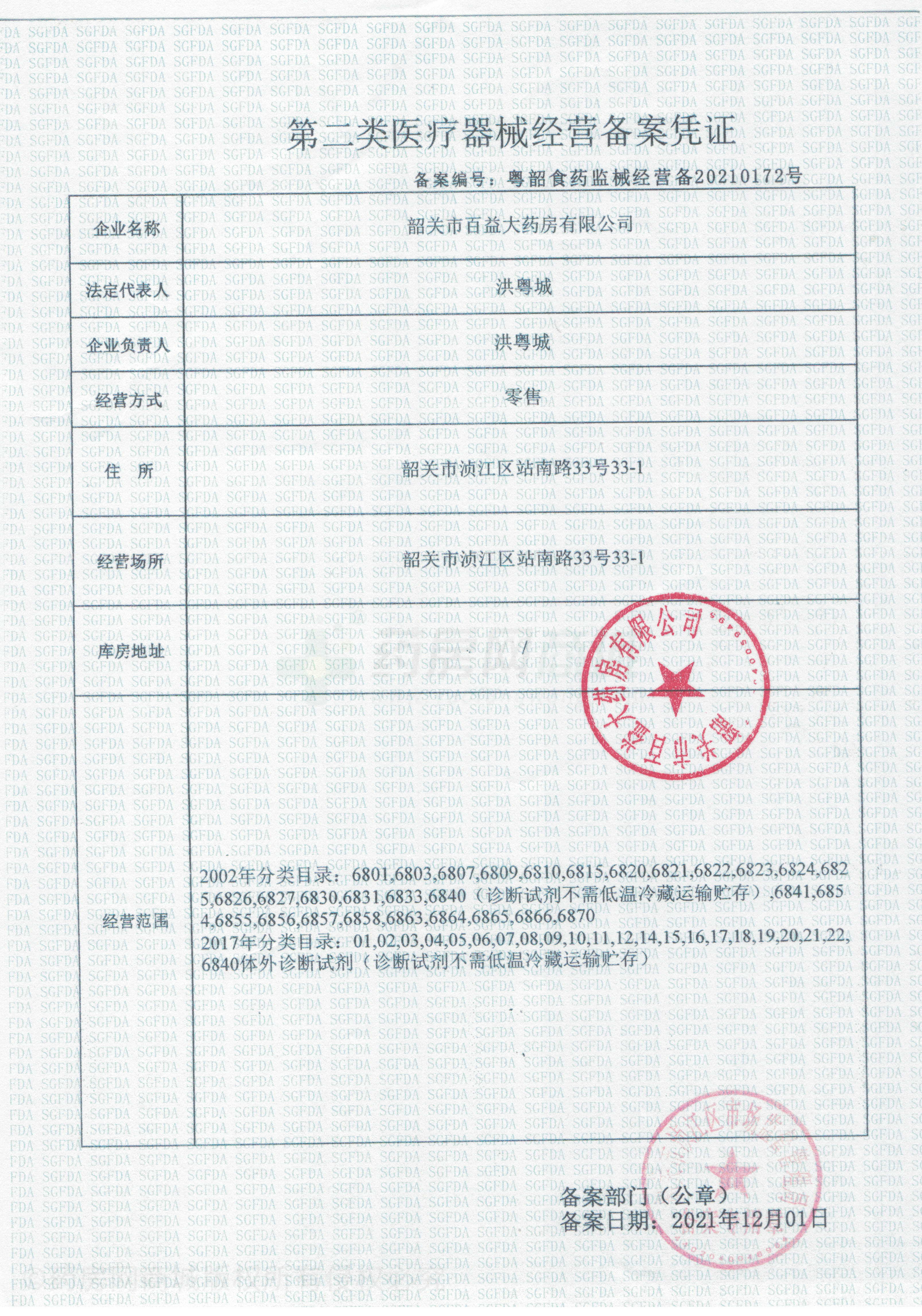 第二類醫(yī)療器械經(jīng)營備案憑證