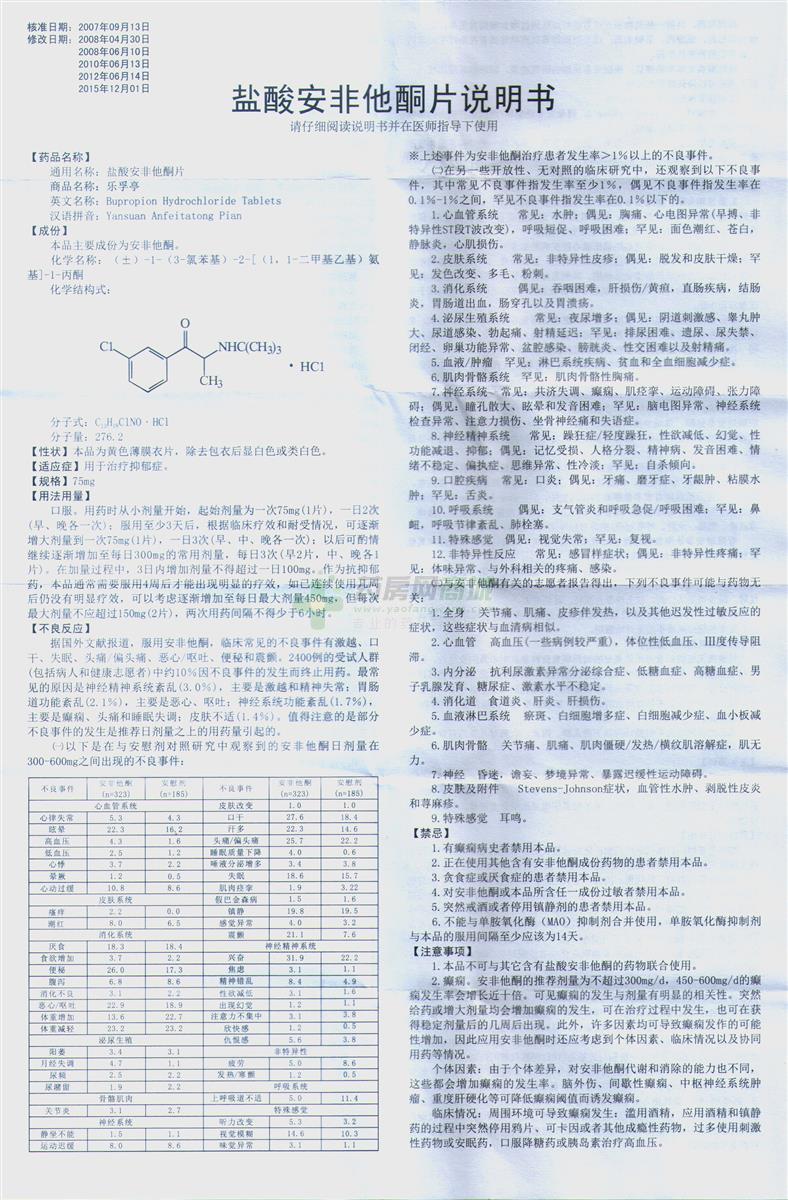 盐酸安非他酮片(乐孚亭)