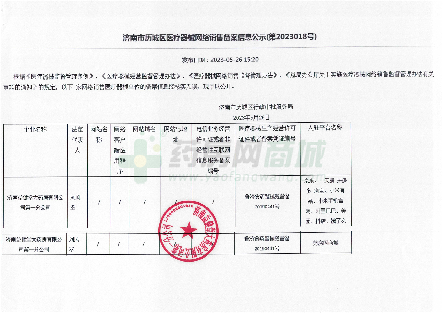 医疗器械网络销售备案证