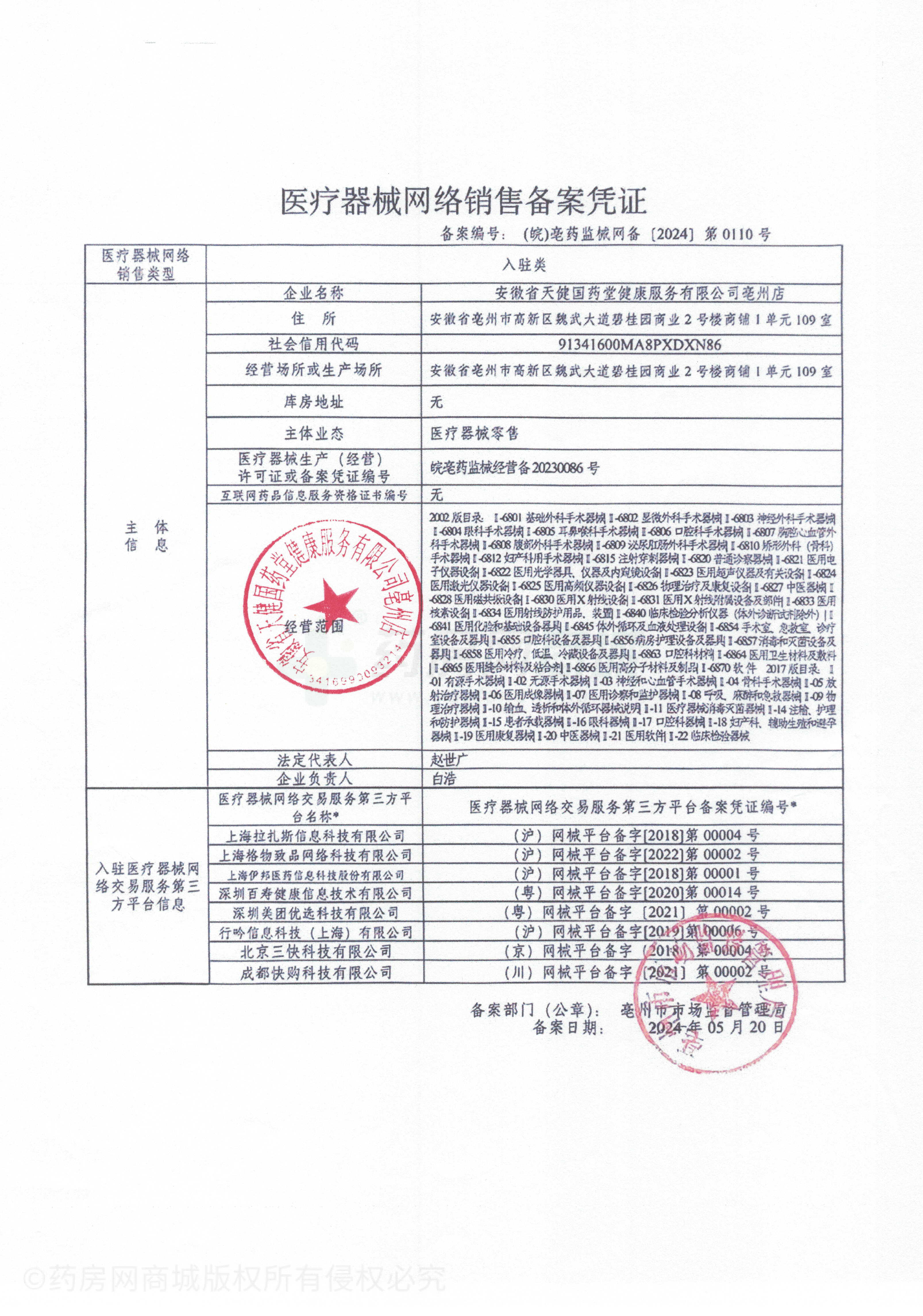 医疗器械网络销售备案证